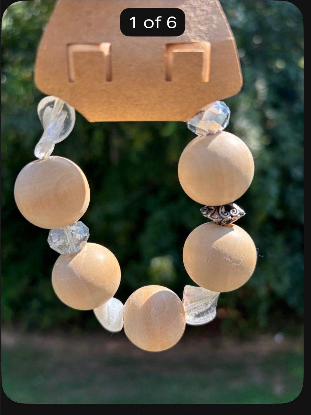 Neutral Beige Wood Bead Bracelet with Clear GlassAccent Beads